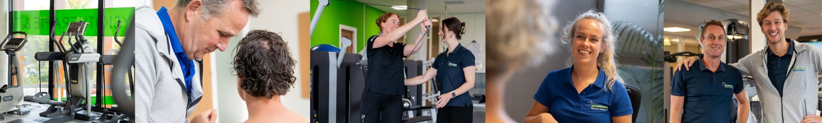 Collage van de praktijk: trainingsruimte, fysiotherapie en medewerkers van NederVeluwe